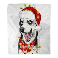 Хвърлете одеяло портрет на сибирско хъски куче, носещо шапка на Санта Коледни светлини Гарланд Звезда Топло фланелно меко одеяло за диван диван легло