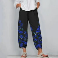 Панталони за йога за жени, женски панталони с висока талия еластични капри панталони широки подрязани панталони за жени за печат на спортни памучни панталони с панталони с джобове със сини среди