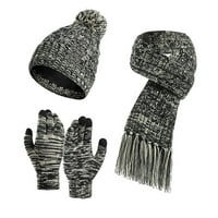 Qcmgmg плетен твърд шал ръкавици с шалчета на зимата зимен пискюл помпом за студено време шапки за жени за жени черен свободен размер