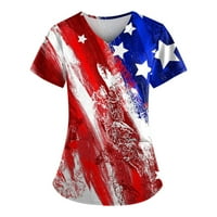 Sksloeg жени скраб върши американски звездни ивици шаблон патриотични тениски с къси ръкави с v-образно облекло работно облекло униформа тройник с джобове, червен xxxxl
