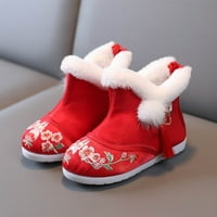 B91XZ момичета ботуши момиче зимни памучни ботуши реколта бродирани платнени ботуши плюшени вътре в обувки Hanfu