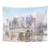 Традиционни холандски стари къщи и мостове канали в Амстердам на снежна зимна нощ холандия стена изкуство висящ гоблен декор за дома за спалня в хола